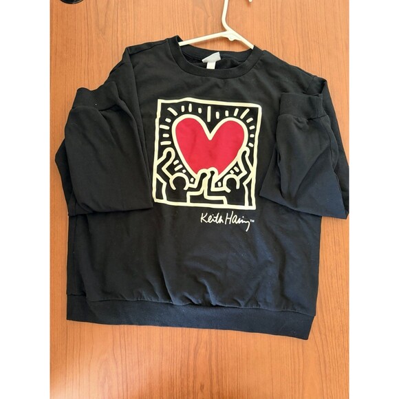 Keith Haring Heart Graphic Sweatshirt Black Crewneck Unisex M Medium 60/40 Blend - Picture 10 of 10